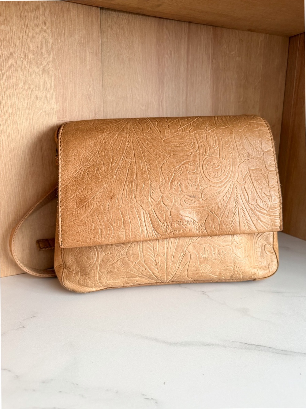 American Leather Co. Tan Embossed Floral Leather Crossbody Shoulder Bag